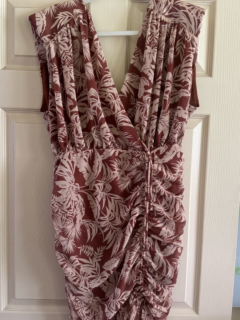 Misha Ruched Tropical Print Sleeveless Dress in Dusty Rose and Cream
